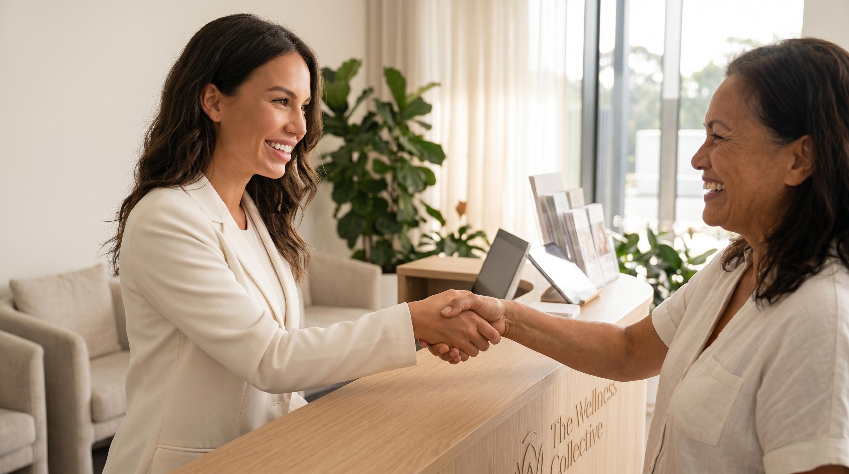 A clinic receptionist warmly greeting a returning patient